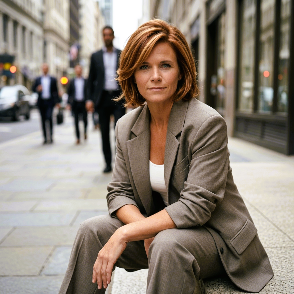 Dawne Montes sitting composed on a city sidewalk in a tailored taupe pantsuit with an urban metropolitan backdrop.