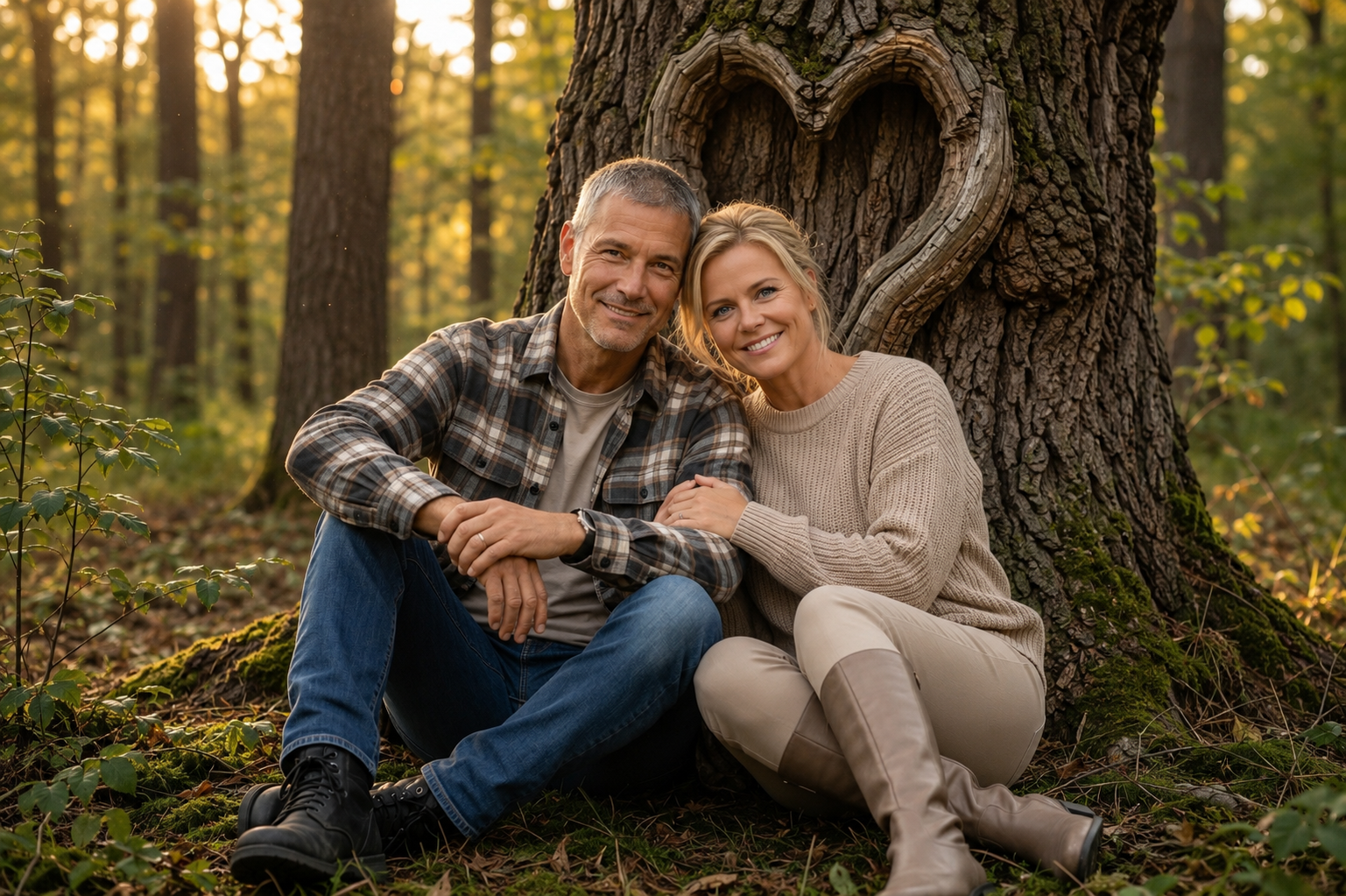 Joey and Dawne sitting together at the base of an ancient tree with a heart-shaped hollow in a sun-drenched forest.