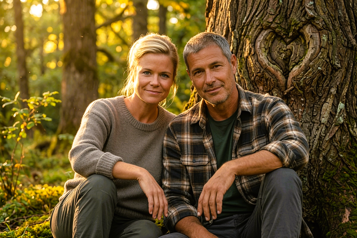 Joey and Dawne sitting together against an ancient tree trunk featuring a heart-shaped pattern in the bark during golden hour.