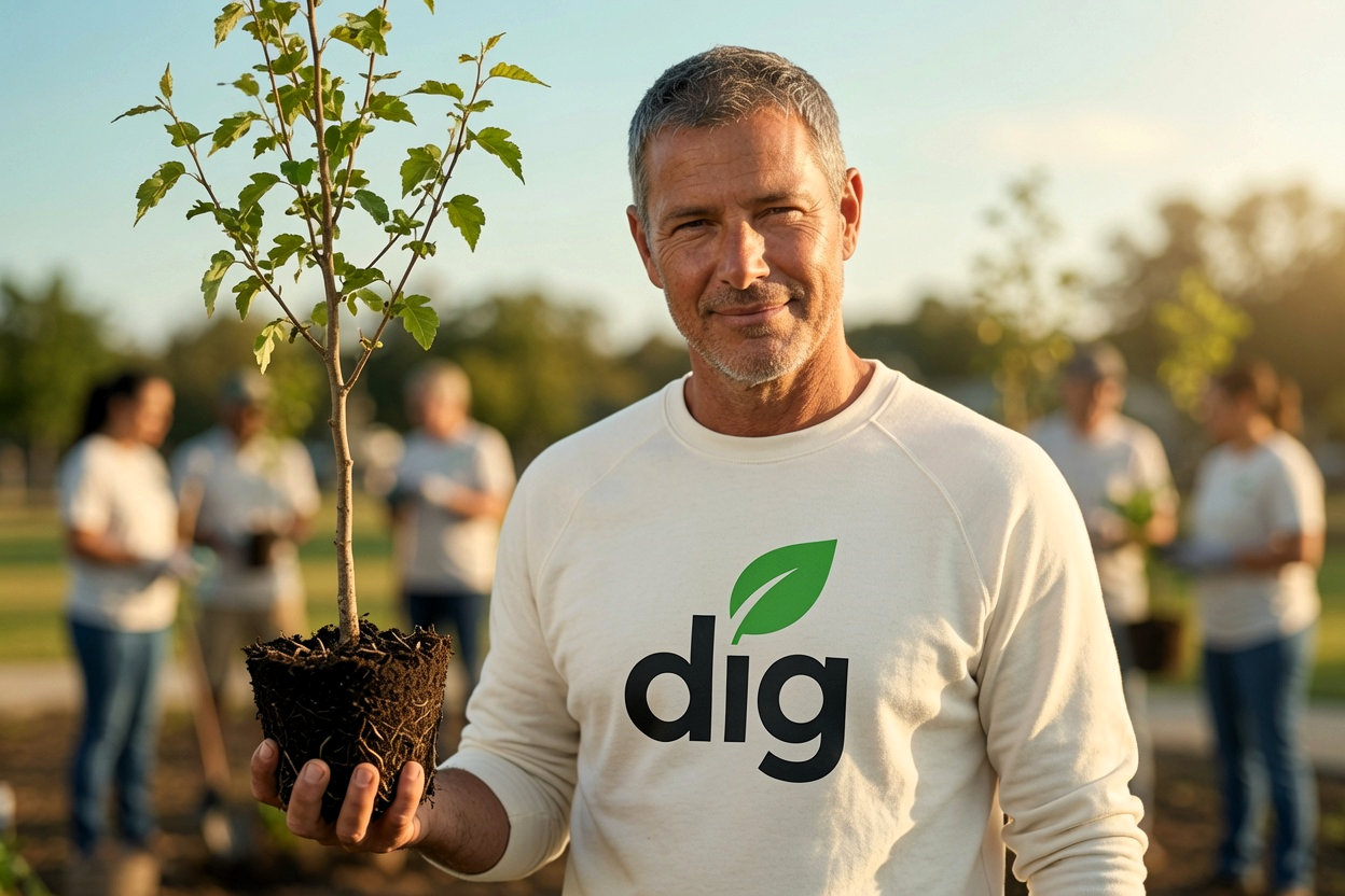 Joey holding a healthy young tree sapling with soil intact, wearing a DIG logo sweatshirt surrounded by volunteers planting trees in a field.