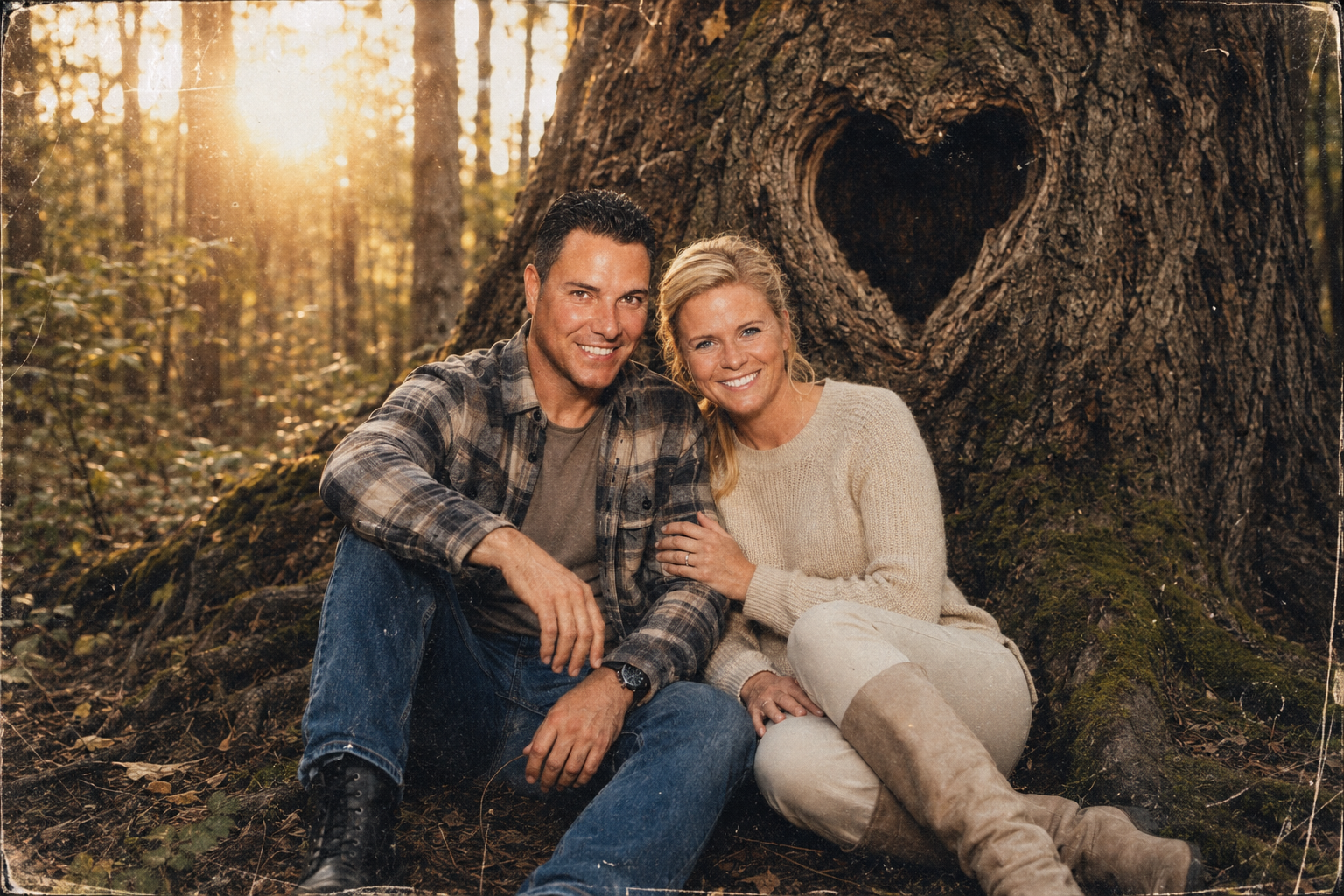 A couple together beside a large tree with a heart-shaped opening, representing love, memory, and living legacy